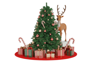 A festive Christmas scene with a decorated tree, gifts, candy canes, and a reindeer. background removed