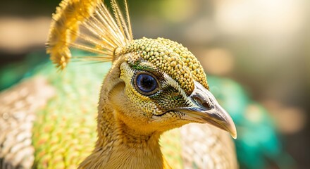 Close-up view of a peacock's head, showcasing the vibrant colors and intricate details of its plumage.