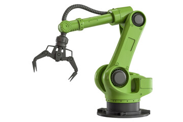 A green robotic arm with a claw gripper, isolated on a transparent background.  Industrial automation technology. background removed