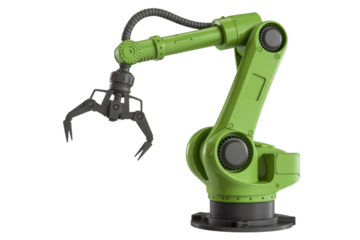A green robotic arm with a claw gripper, isolated on a transparent background.  Industrial automation technology. background removed