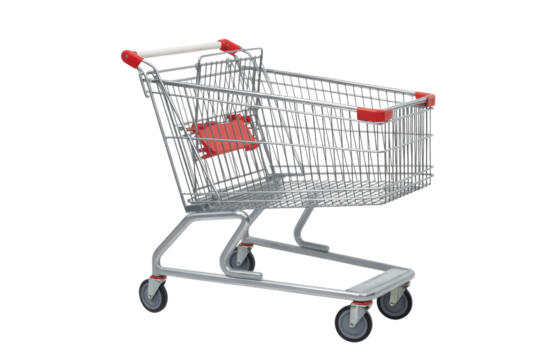 Empty metal shopping cart with red accents, isolated on transparent background. background removed - Powered by Adobe