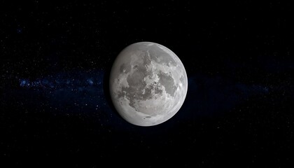 Fototapeta premium A solitary moon hangs in the inky black expanse of space, its cratered surface subtly detailed against a backdrop of distant stars.