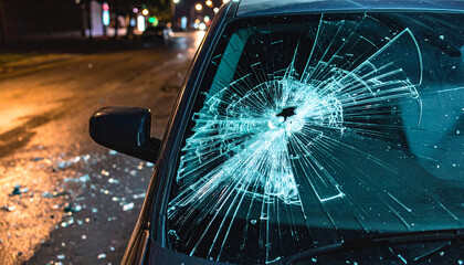 Shattered windshield on dark street with scattered glass broken glass car windshield