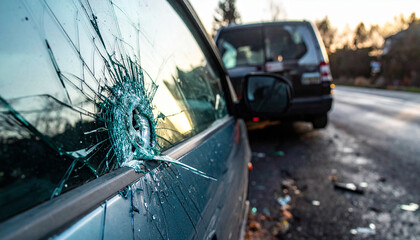 Obraz premium Shattered car window with debris on roadside broken glass car damage