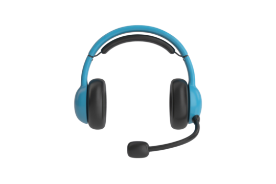 Blue headset with black earcups and microphone, isolated on transparent background. background removed