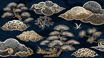 An intricate, decorative pattern showcases stylized trees and swirling clouds in metallic gold tones against a deep navy background, evoking a sense of traditional artistry and serene beauty.