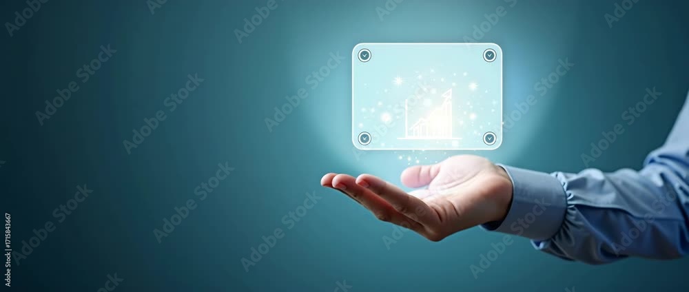 Poster a hand showcasing holographic digital advertising icon in a minimalist setting with empty space for 