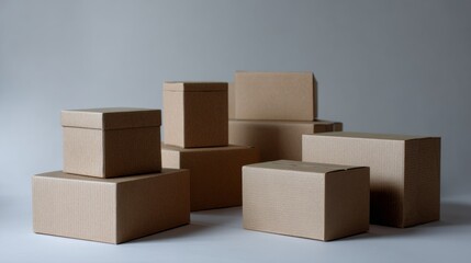 Cardboard boxes stacked neatly together on neutral grey background