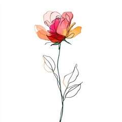 Obraz premium Minimalist Outline of a Rose: Single Line Floral Design with Colorful Ink Stains