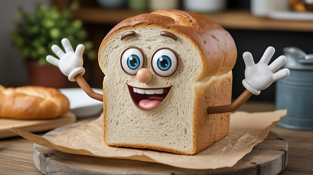A friendly, animated loaf of bread with a big smile and wide blue eyes waving its hands. - Powered by Adobe