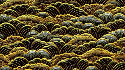 An opulent, repeating pattern depicts stylized waves in shades of black, dramatically outlined with shimmering gold, creating a luxurious and dynamic visual texture.