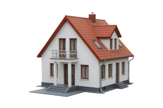A white two-story house model with a red tile roof, balcony, and gray steps. background removed