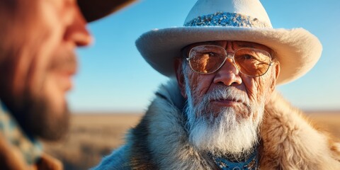 An elderly man in a stylish hat and glasses gazes thoughtfully while another man is partially visible in the foreground against a vast landscape.