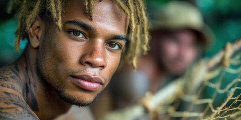 Fototapeta premium A close-up portrait of a young man with distinctive hair and tattoos, focused intently, set against a blurred natural background.