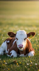 Calm Brown and White Calf Resting in a Meadow