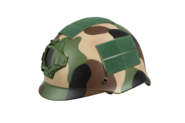 Camouflage military helmet with side rails and velcro patches, isolated on transparent background. background removed