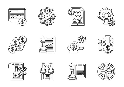 A collection of twelve simple, black-line illustrations depicting various themes related to financial growth and scientific innovation.