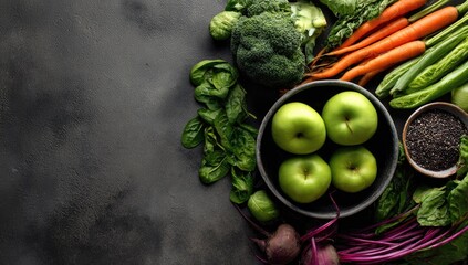 Overhead shot of various fresh green vegetables, three green apples in a dark bowl, and black peppercorns on a dark textured surface, creating a vibrant and healthy food composition with copy space