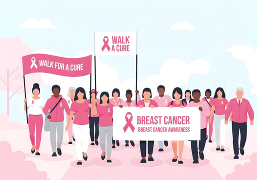 illustration of a group of women marching with a 'Walk for a Cure' banner for a Breast Cancer Awareness charity fundraising event. - Powered by Adobe