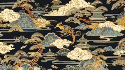 An ornate, repeating pattern depicts traditional East Asian motifs of dragons, pagodas, and stylized clouds in shimmering gold and soft blues against a dark background.