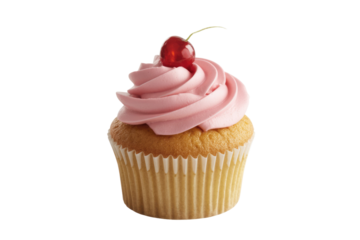 A single cupcake with pink frosting and a cherry on top, isolated on a transparent background. background removed