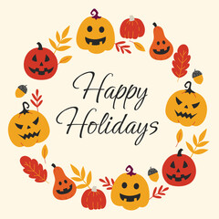 A cheerful Halloween holiday greeting card illustration featuring smiling jack-o'-lanterns, colorful autumn leaves, and acorns forming a festive wreath design, ideal for seasonal posters