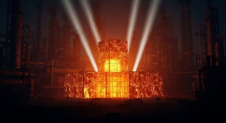 Glowing cube structure in a dark industrial setting