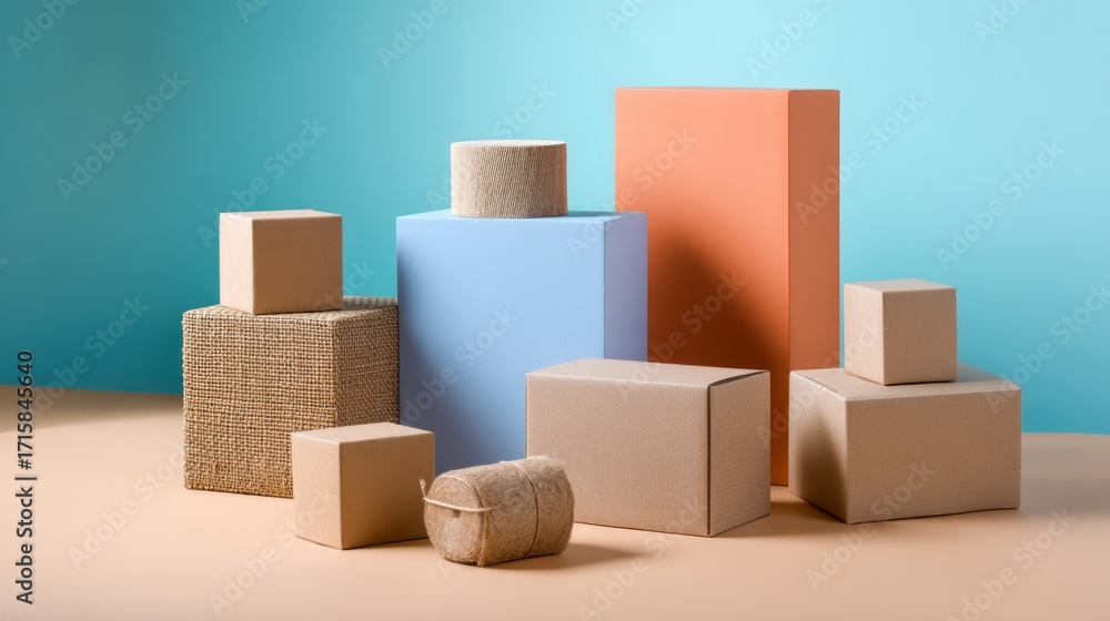 Poster cardboard boxes and pastel blocks arranged neatly against blue background in studio setup