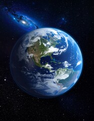 A stunning view of planet Earth from outer space, showcasing a detailed map of continents and clouds amidst a backdrop of countless stars and a distant galaxy.