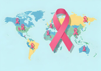 Obraz premium illustration of a world map with pink awareness ribbons on different continents for a Breast Cancer Awareness concept of global solidarity and international health.