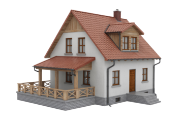 A charming 3D render of a cozy single-family home with a red tile roof and wooden porch. background removed