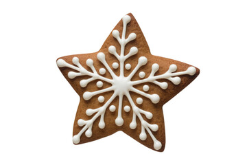 A star-shaped gingerbread cookie decorated with a white snowflake icing design. background removed