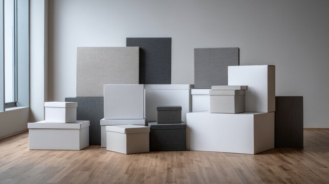 Cardboard packaging boxes stacked neatly in minimalist studio with wooden floor