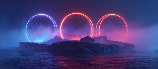 Three luminous neon rings hover above a misty, rocky shoreline at night, casting vibrant blue and red light on the water and fog