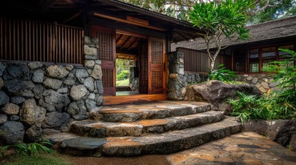 Serene Pathway Leading to Luxurious Stone Entrance Surrounded by Lush Greenery in Tropical Setting