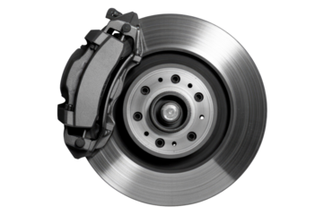 Close-up view of a car's disc brake system, showcasing the caliper and rotor. background removed