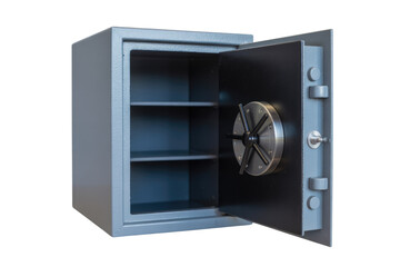 A gray metal safe with an open door, revealing empty shelves and a combination lock. background removed