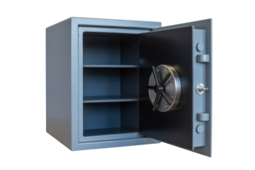 A gray metal safe with an open door, revealing empty shelves and a combination lock. background removed
