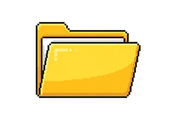“Pixelated yellow folder with white papers inside, digital glossy icon on white background”