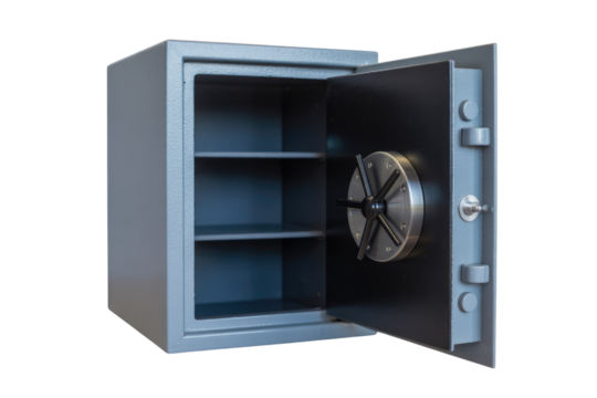 A gray metal safe with an open door, revealing empty shelves and a combination lock. background removed