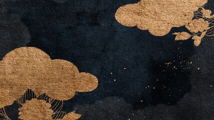 An abstract composition features softly rendered floral forms in warm gold tones against a deep, textured navy background, evoking a sense of quiet elegance and natural beauty.