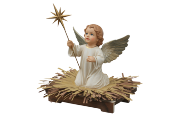 Kneeling cherubic angel figurine holding a star, nativity scene, Christmas decoration. background removed