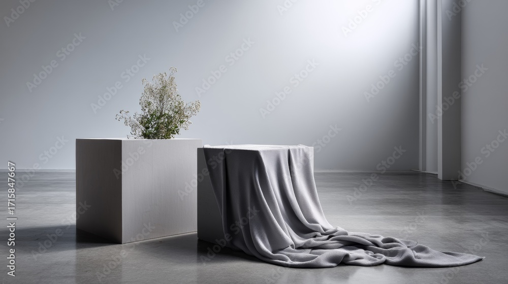 Poster minimal white cubes with fabric draped modern abstract composition display