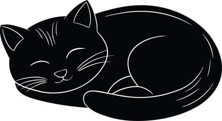 Adorable sleeping kitty curled up in cozy black silhouette vector
