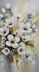 A captivating floral artwork featuring a bouquet of delicate white flowers with textured details and accents of gold leaf, set against a soft grey background.