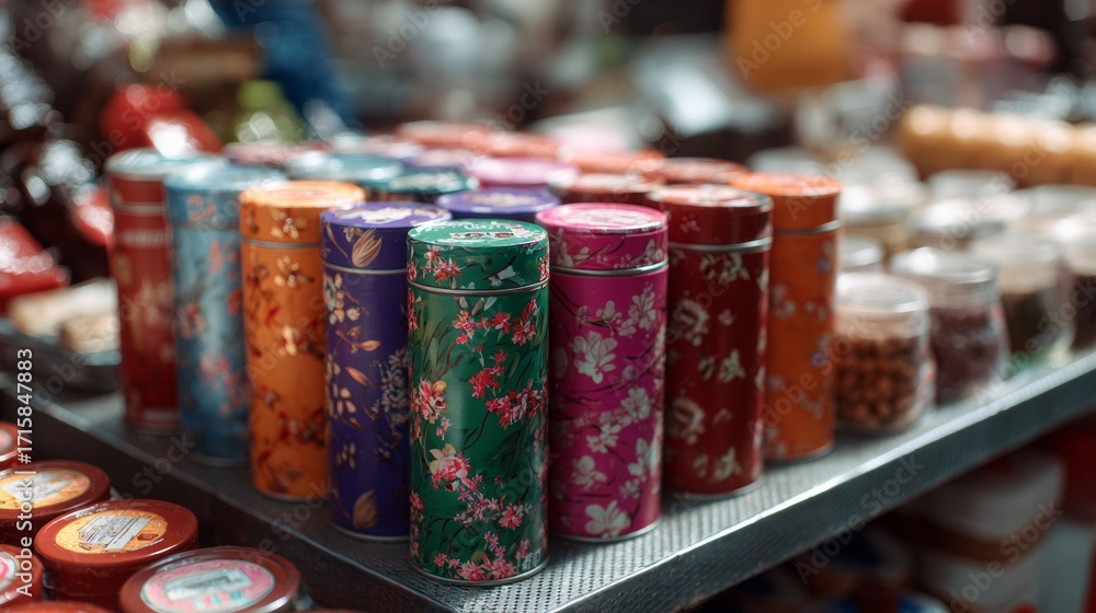 Poster colorful cans arranged on store shelf with blurred background retail display