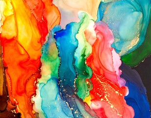 Vibrant abstract painting with flowing colors and gold flecks