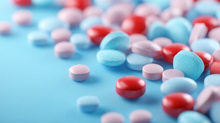 Colorful pharmaceutical pills and tablets scattered on bright background healthcare