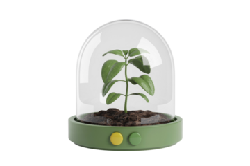 A small plant nurtured under a glass dome on a green base, symbolizing growth and protection. background removed