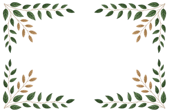Elegant green and beige leaf border frame on a dark transparent background, ideal for invitations or announcements. background removed